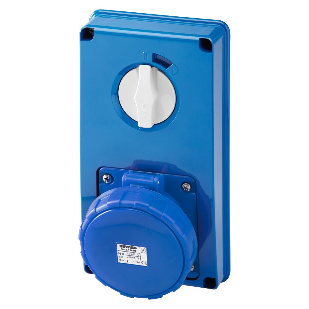  prise verticale interverrouillée - sans fond - sans base porte-fusibles - 3p+n+t 63a 200-250v - 50/60hz 9h - ip67