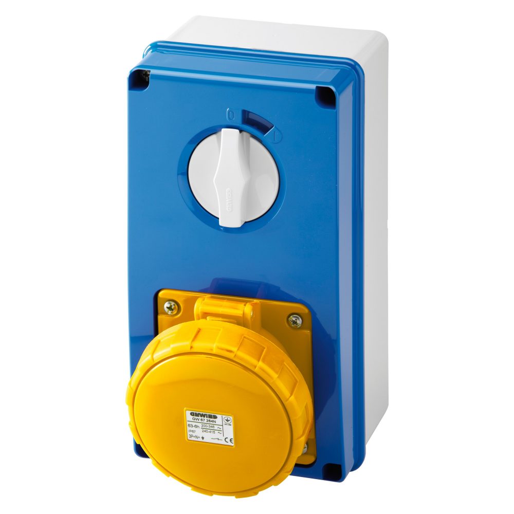  prise verticale interverrouillée - avec fond - sans base porte-fusibles - 3p+n+t 63a 100-130v - 50/60hz 4h - ip67