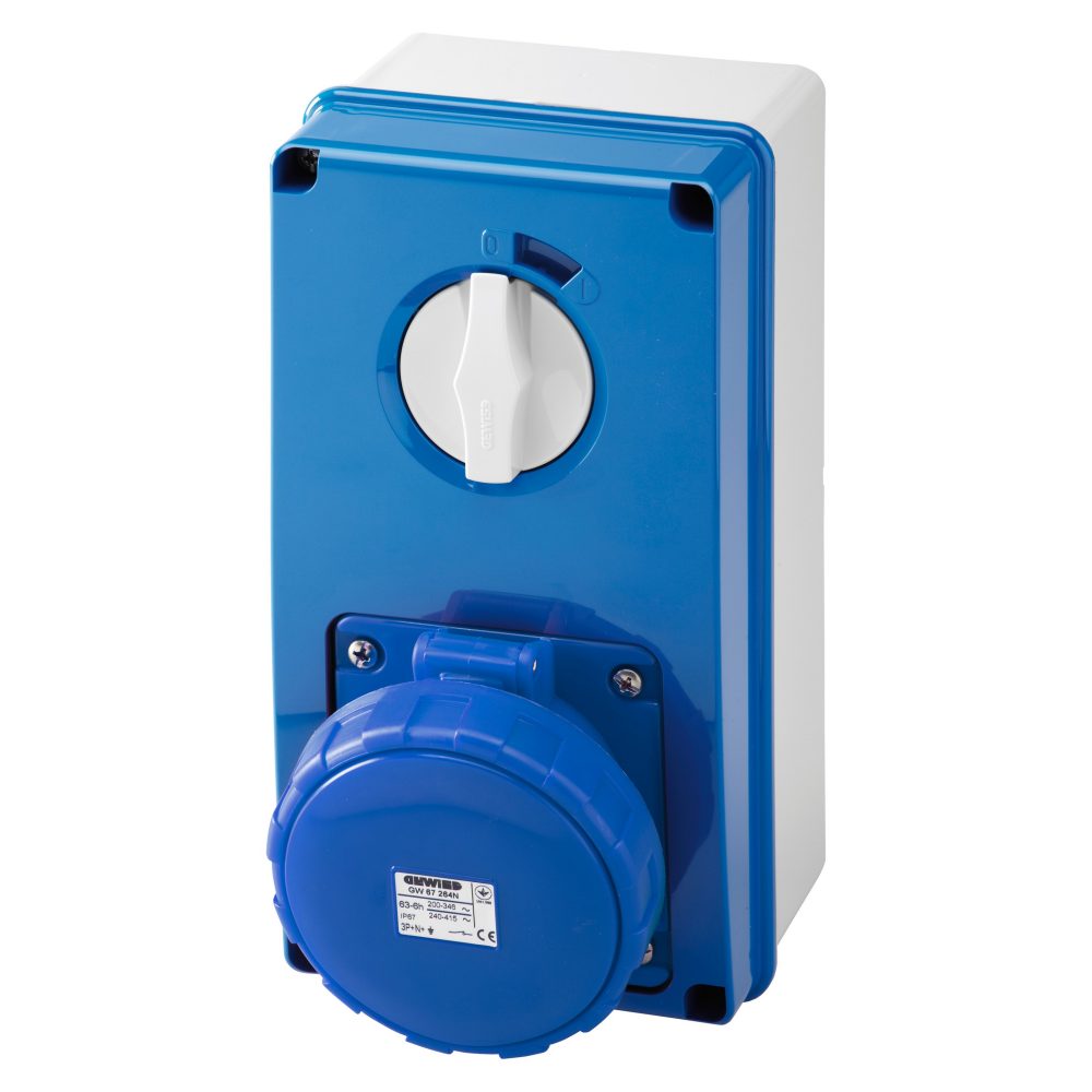  vertical fixed interlocked socket outlet - with bottom - without fuse-holder base - 3p+n+e 63a 200-250v - 50/60hz 9h - ip67