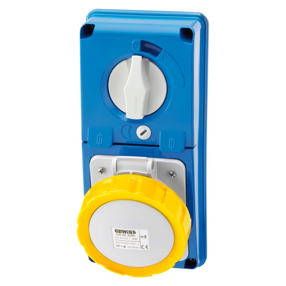  prise verticale interverrouillée - sans fond - avec base porte-fusibles - 2p+t 32a 100-130v - 50/60hz 4h - ip67