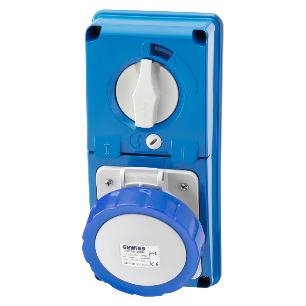  prise verticale interverrouillée - sans fond - avec base porte-fusibles - 3p+n+t 32a 200-250v - 50/60hz 9h - ip67