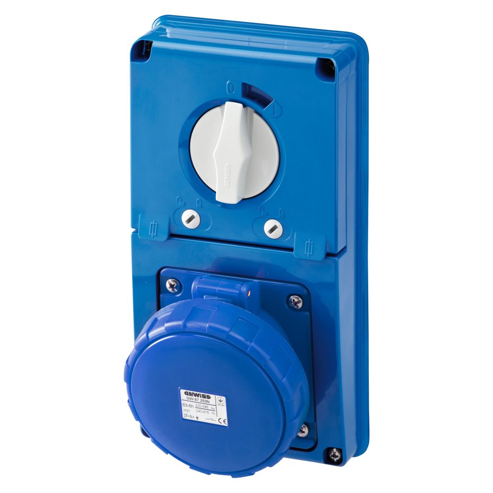  prise verticale interverrouillée - sans fond - avec base porte-fusibles - 3p+t 63a 200-250v - 50/60hz 9h - ip67