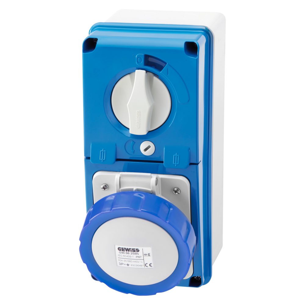  prise verticale interverrouillée - avec fond - avec base porte-fusibles - 2p+t 32a 200-250v - 50/60hz 6h - ip67
