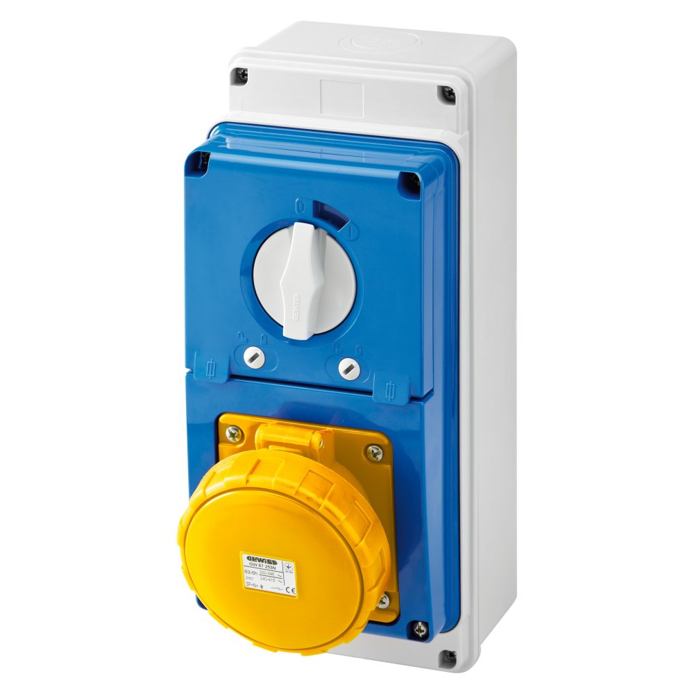  prise verticale interverrouillée - avec fond - avec base porte-fusibles - 2p+t 63a 100-130v - 50/60hz 4h - ip67