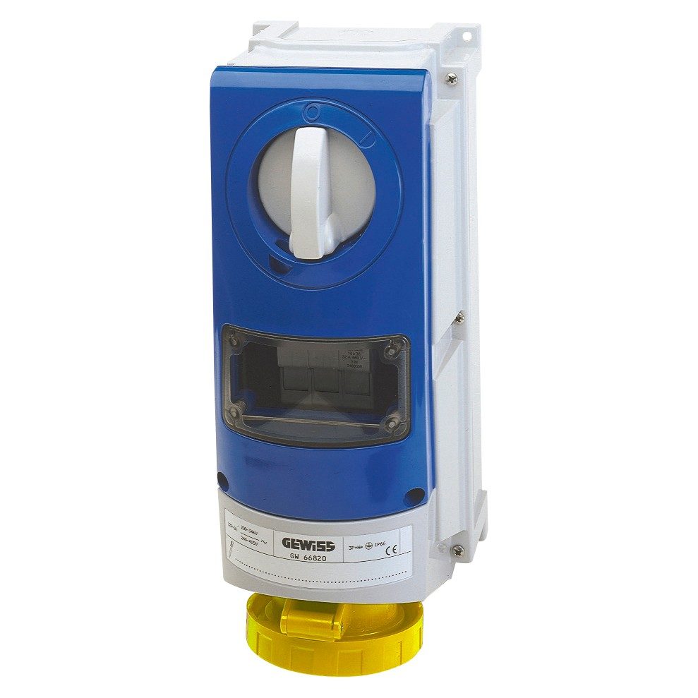  vertical fixed interlocked socket outlet - with bottom - with fuse-holder base - 2p+e 32a 100-130v-50/60hz 4h - ip66