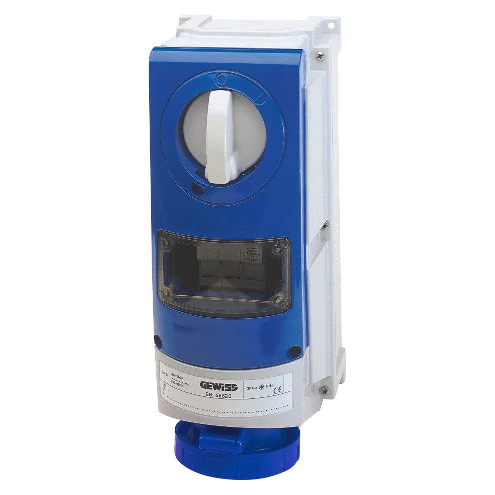  vertical fixed interlocked socket outlet - with bottom - with fuse-holder base - 2p+e 63a 200-250v-50/60hz 6h - ip66