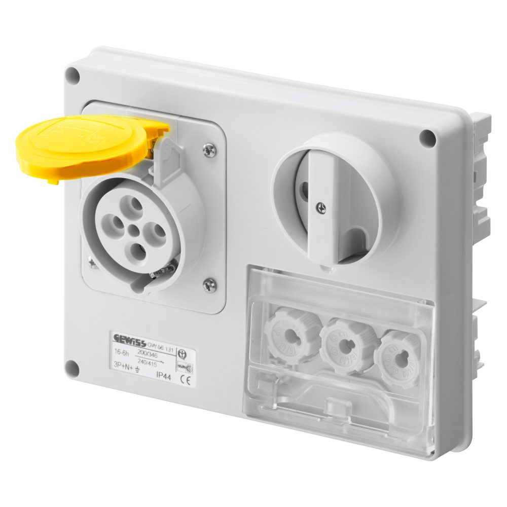  fix reteszelt vízszintes csatlakozó-aljzat - hátlap nélk. - olvadóbizt. foglalattal - 2p+e 32a 100-130v - 50/60hz 4h - ip44