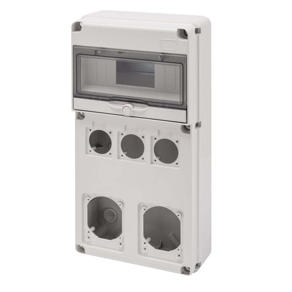  q-din 10 module - priză cu 3 flanșe 50x50 mm + 2 flanșe iec 16/32 a - ip65