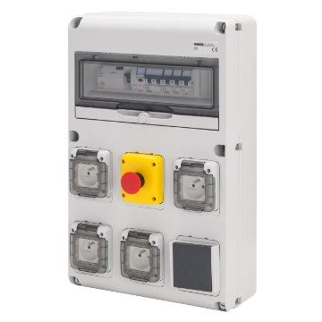  COFFRET D'ALIMENTATION PROVISOIRE TRI+NEUTRE - Q-DIN 14 - 4P 40A - 26 KVA - 4 PC 2P+T 230V 16A + 1 PC 3P+T 400V 20A - DIFF. GÉNÉRAL 30MA - COUP DE POING D'ARRÊT D'URGENCE - IP44
