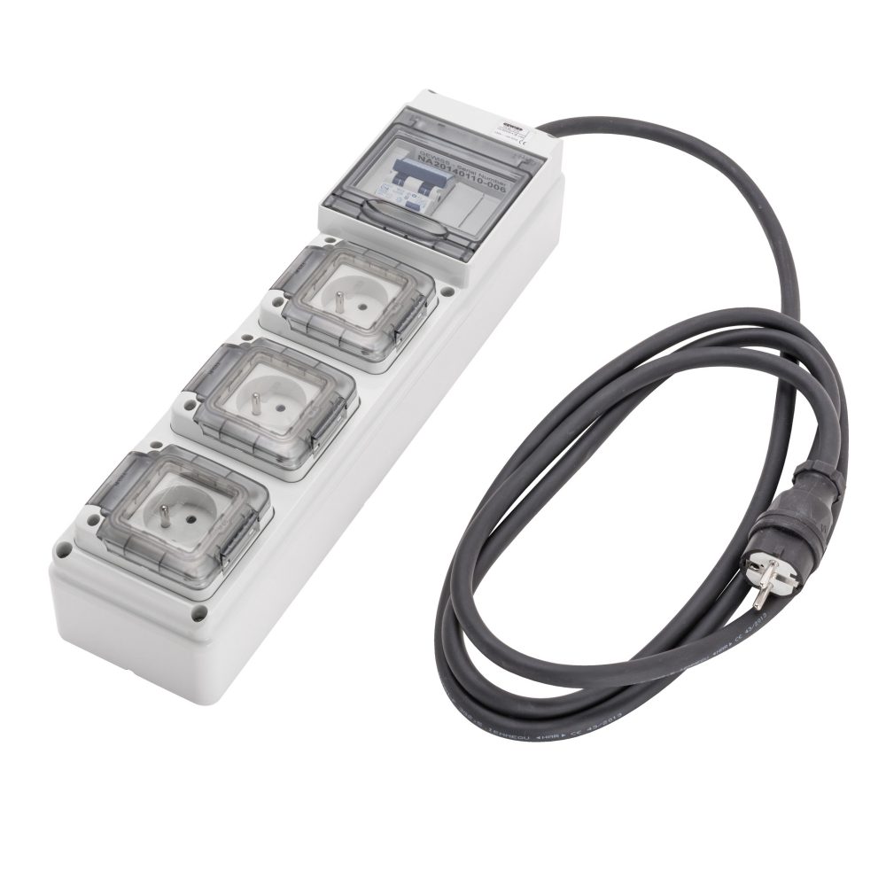  coffret d'alimentation provisoire mono - q-din 5 - 2p 16a - 3,5 kva - 3 pc 2p+t 230v 16a - diff. général 30ma - 3m câble h07 3x2,5 mm² et fiche mobile - ip65