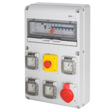  COFFRET D'ALIMENTATION PROVISOIRE TRI+NEUTRE - Q-DIN 14 - 4P 40A - 26 KVA - 4 PC 2P+T 230V 16A + 1 PC 3P+N+T 400V 32A IEC - DIFF. GÉNÉRAL 30MA - COUP DE POING D'ARRÊT D'URGENCE - IP44