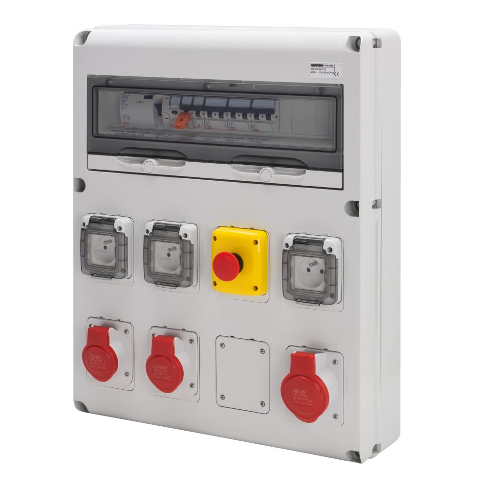  coffret d'alimentation provisoire tri+neutre - q-din 20 - 4p 63a - 40 kva - 3 pc 2p+t 230v 16a + 2 pc 3p+t 400v 16a iec + 1 pc 3p+t 400v 32a iec - diff. général 30ma - coup de poing d'arrêt d'urgence - ip44