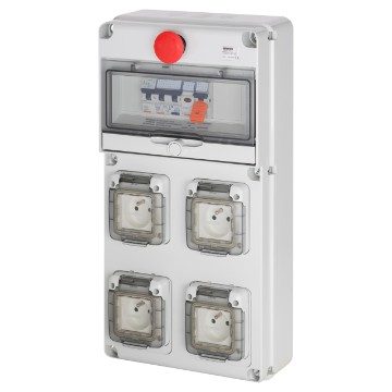  COFFRET D'ALIMENTATION PROVISOIRE MONO - Q-DIN 10 - 2P 16A - 3,5 KVA - 4 PC 2P+T 230V 16A - DIFF. GÉNÉRAL 30MA - COUP DE POING D'ARRÊT D'URGENCE - BORNIER D'ALIMENTATION - IP65