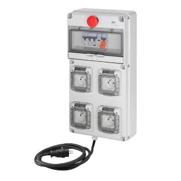  COFFRET D'ALIMENTATION PROVISOIRE MONO - Q-DIN 10 - 2P 16A - 3,5 KVA - 4 PC 2P+T 230V 16A - DIFF. GÉNÉRAL 30MA - COUP DE POING D'ARRÊT D'URGENCE - 3M CÂBLE H07 3X2,5 MM² ET FICHE MOBILE - IP65