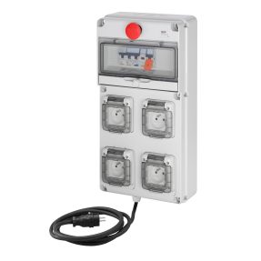 coffret d'alimentation provisoire mono - q-din 10 - 2p 16a - 3,5 kva - 4 pc 2p+t 230v 16a - diff. général 30ma - coup de poing d'arrêt d'urgence - 3m câble h07 3x2,5 mm² et fiche mobile - ip65