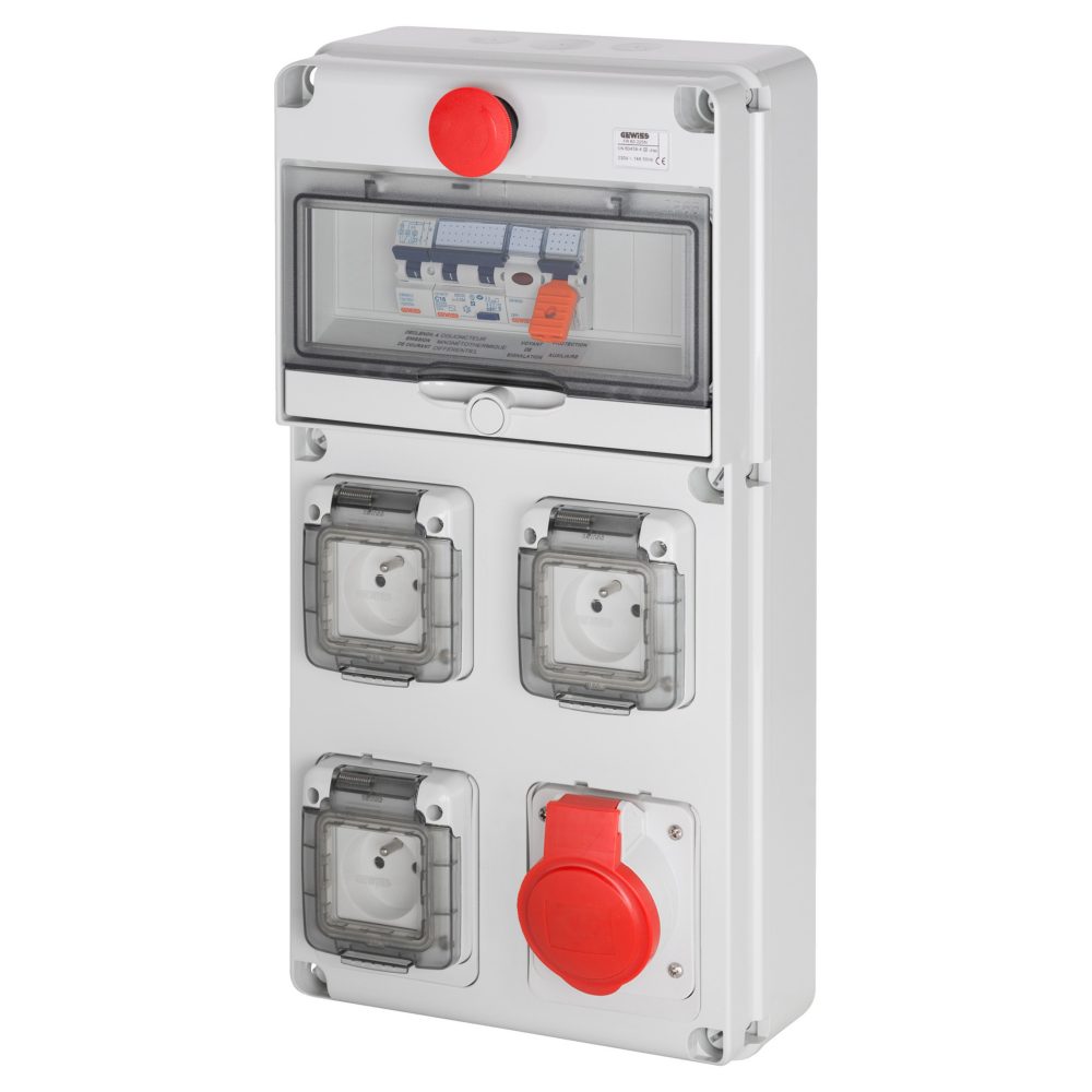  coffret d'alimentation provisoire tri+neutre - q-din 10 - 4p 16a - 11 kva - 3 pc 2p+t 230v 16a + 1 pc 3p+n+t 400v 16a iec - diff. général 30ma - coup de poing d'arrêt d'urgence - ip65