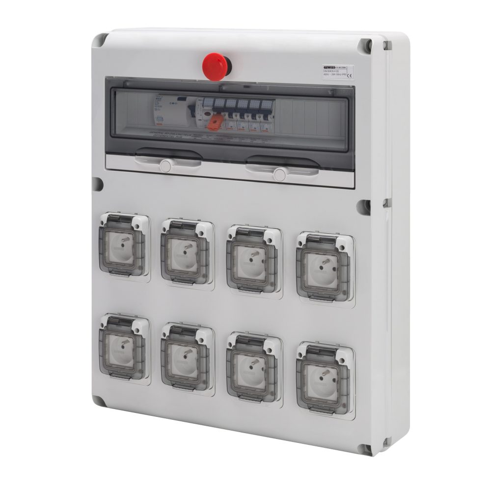  coffret d'alimentation provisoire tri+neutre - q-din 20 - 4p 40a - 26 kva - 8 pc 2p+t 230v 16a - diff. général 30ma - coup de poing d'arrêt d'urgence - ip44