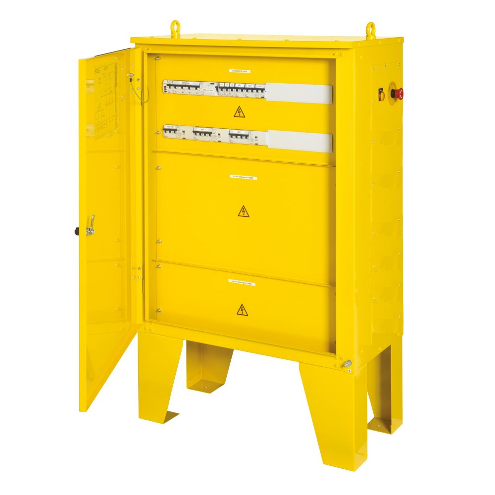  armoire de repartition - 4p 250a - 160 kva - 5 départs: 1 x grue 160a diff. réglable + 3 x divers 1 x 32a, 1 x 40a, 1 x 63a 300ma - ip44