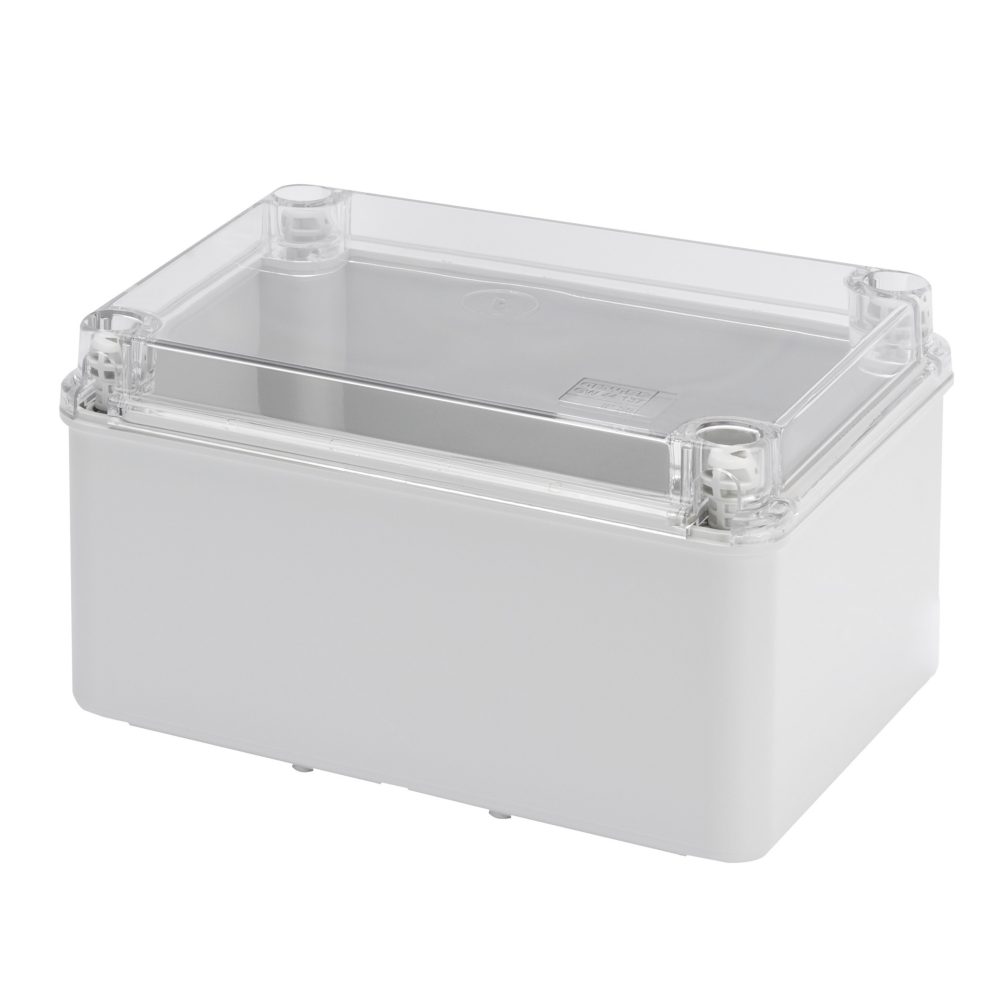  cassetta di derivazione con fondo ad alta capienza e coperchio trasparente bassso a vite - ip56 - dimensioni interne 190x140x110 - pareti lisce-grigio