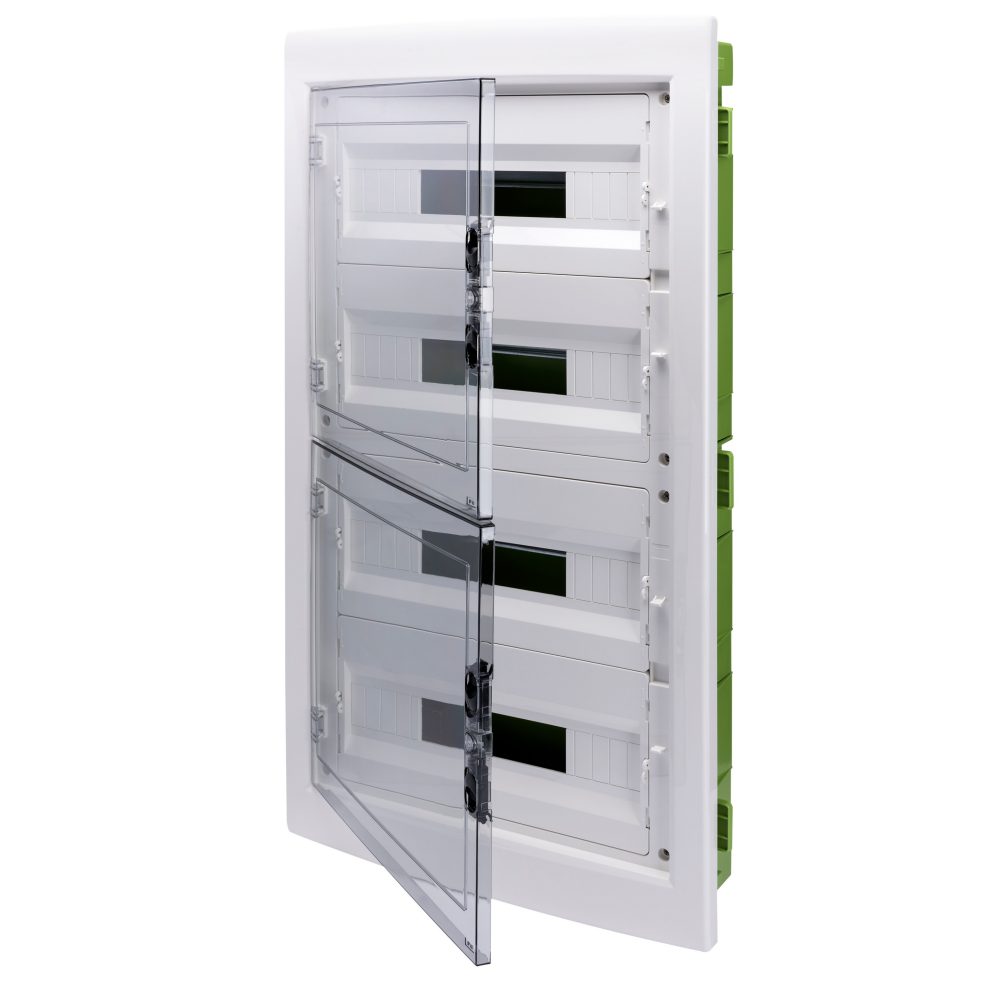  cuadro de distribución - green wall - para paredes de cartón yeso - con puerta fumé y bastidor extraíble - 72 (18x4) módulos ip40