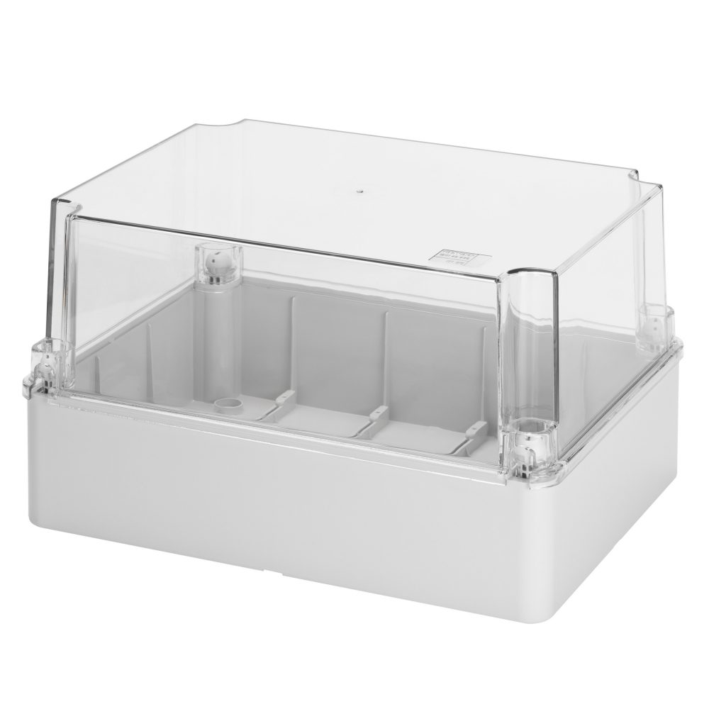  box for junctions and for electric and electronic equipment - with transparent deep lid - ip56 - internal dimensions 190x140x140 - with smooth walls