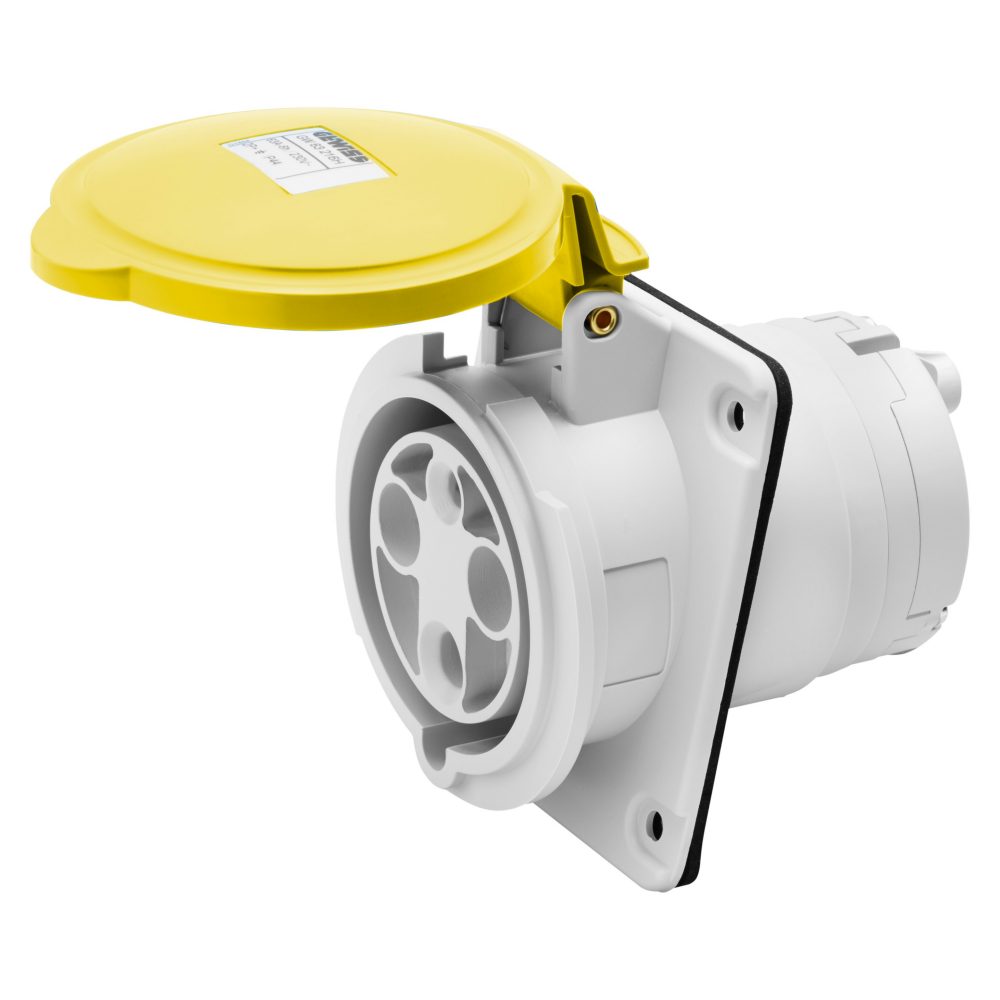  10° angled flush-mounting socket-outlet hp - ip44/ip54 - 2p+e 63a 100-130v 50/60hz - yellow - 4h - mantle terminal