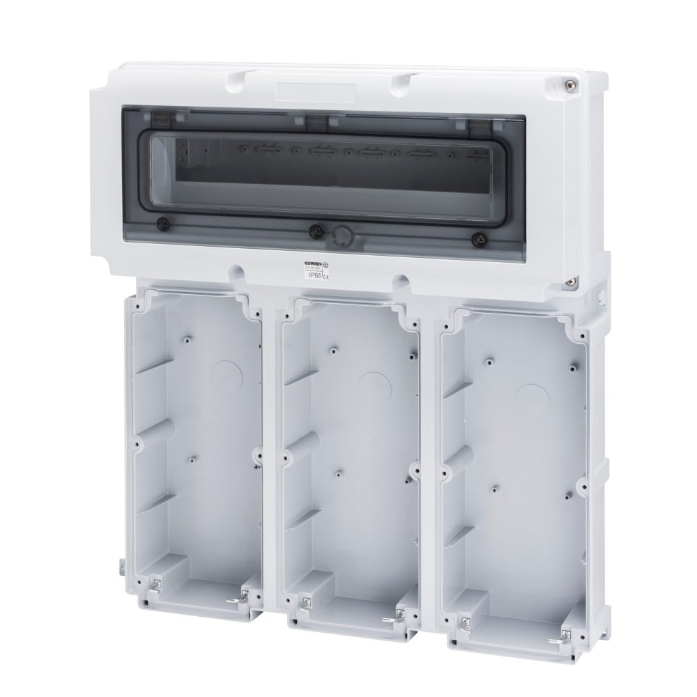  base modulare con pannello finestrato guida din 1 - 3 prese 16/32a / selv-18 mod.en50022