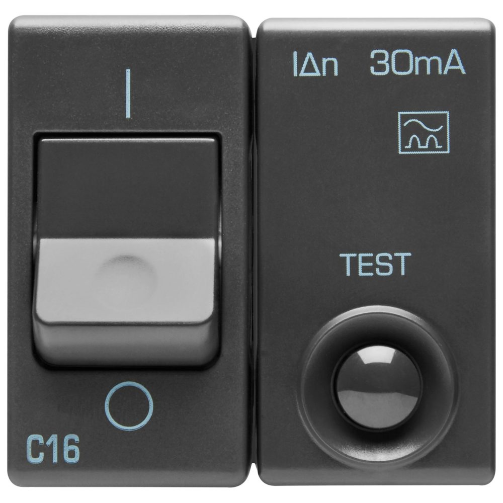  residual current miniature circuit breaker - 230v ac - class a - 1p+n 16a 3ka 30ma characteristic c - 2 modules - system black
