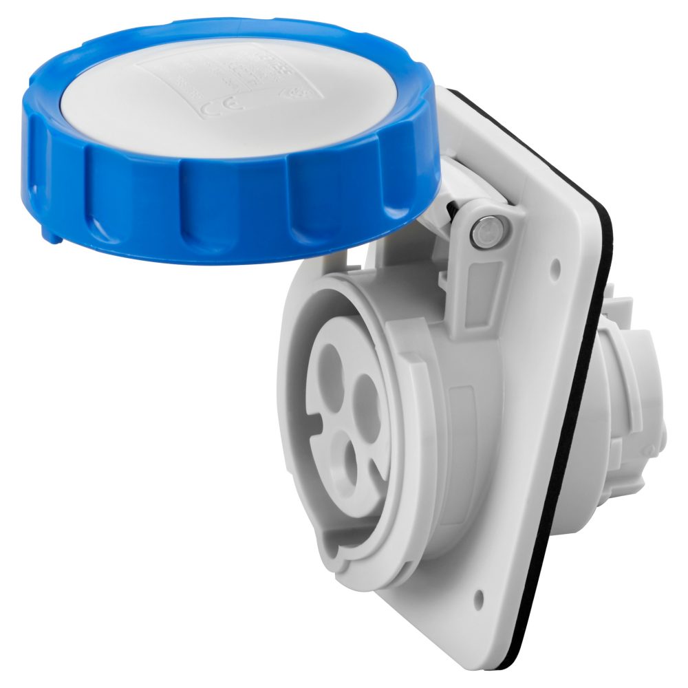  10° angled flush-mounting socket-outlet hp - ip66/ip67 - 2p+e 16a 200-250v 50/60hz - blue - 6h - screw wiring