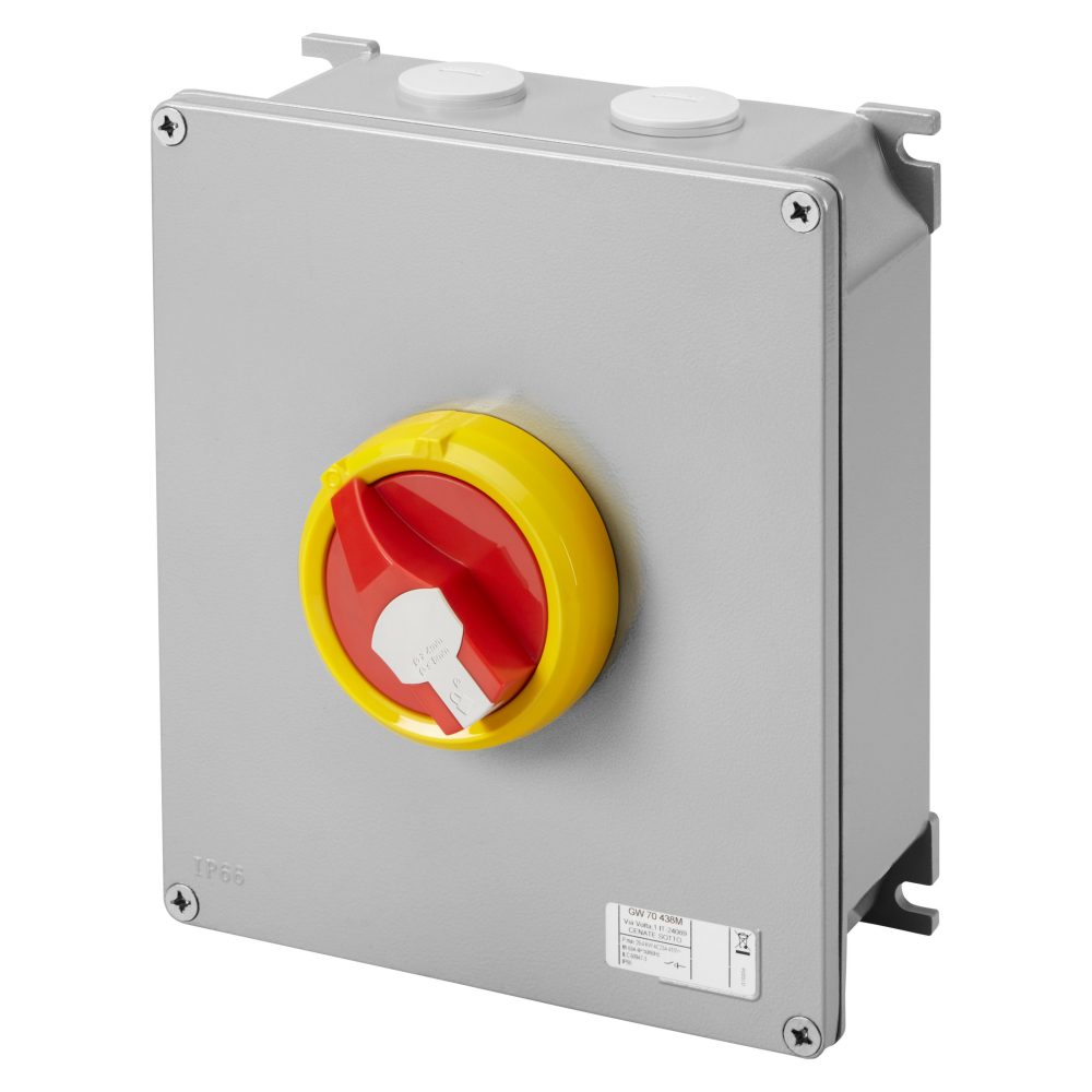  rotary isolator switch - hp- surface-mounting - emergency - metal box - 63a 3p+n - lockable red knob - ip66