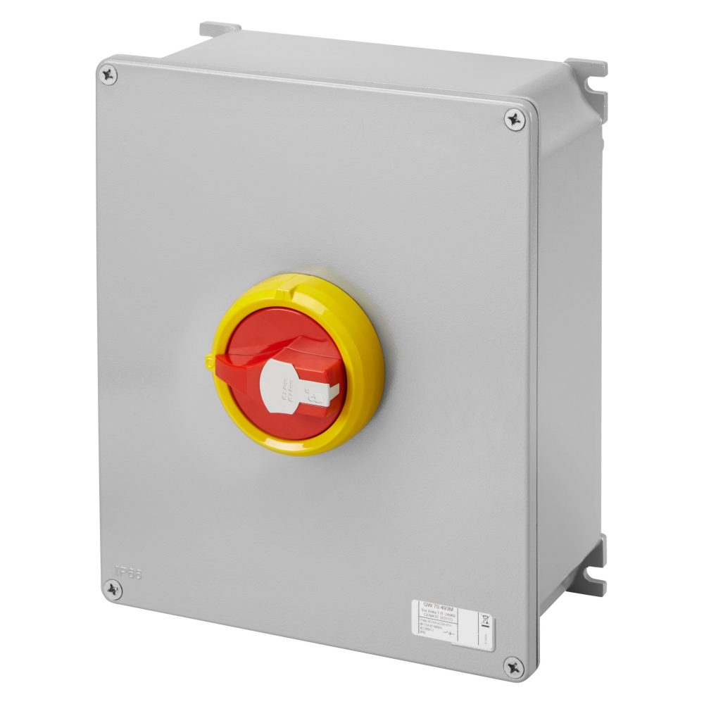  interruttore sezionatore rotativo - hp - da parete - emergenza - cassetta in metallo - 100a 4p - manopola rossa lucchettabile - ip66
