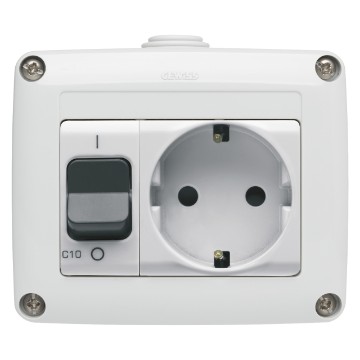 Toma de fuerza + interruptor automático magnetotérmico - curva C - 230 V AC - IP40 Toma de fuerza + interruptor automático magnetotérmico - curva C - 230 V AC - IP40