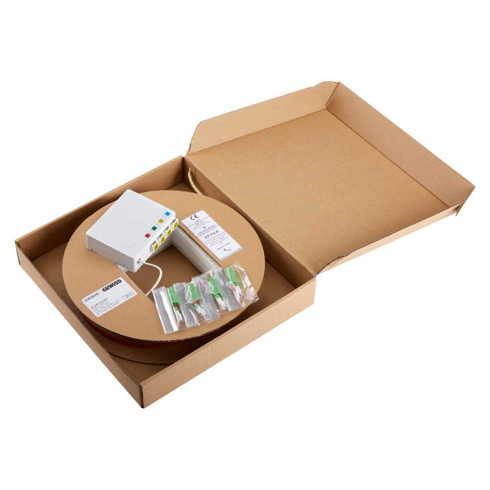stoa - scatola termin. ottiche di appart. completa di 4 bussole sc/apc - precablata con bretella 4 fibre sc/apc con traino - sistema fiber fast - 30m