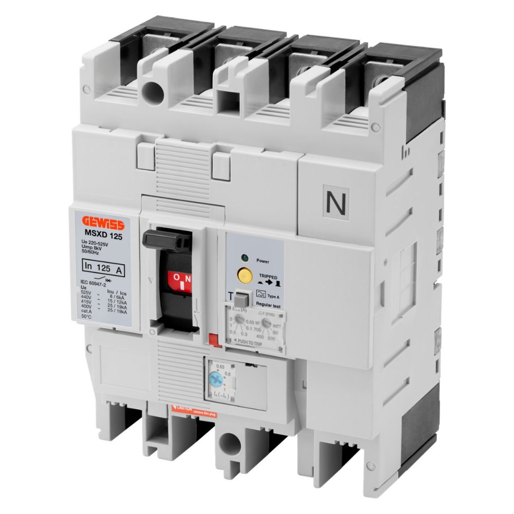 msxd 125 - interruttore magnetotermico differenziale scatolato - termica regolabile - magnetica fissa - differenziale regolabile - 36ka 3p+n 20a 525v