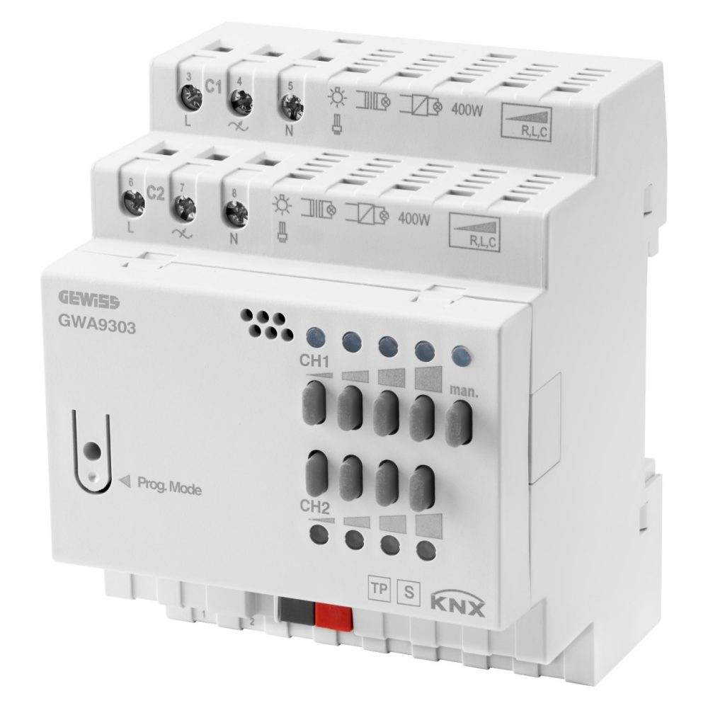 universele dimmeraandrijving - 2 kanalen - 400 w pre kanaal - handmatige bediening - knx - ip20 - 4 module - din-railmontage