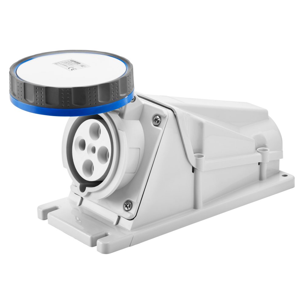  90° angled surface-mounting socket-outlet - ip67 - 3p+e 125a 200-250v 50/60hz - blue - 9h - screw wiring
