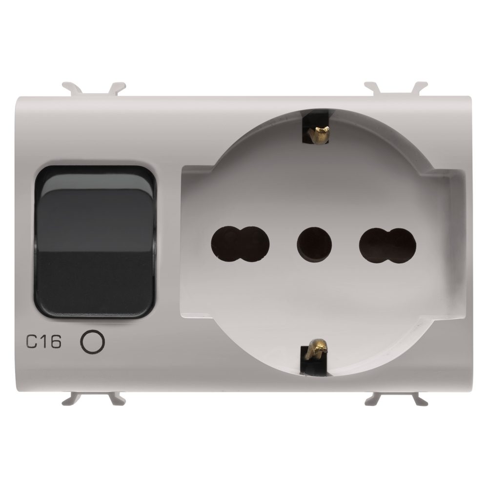  base interbloqueada 2p+t 16a - p40 - con interruptor magnetotérmico 1p+n 16a - 230vca - 3 módulos - beige natural satinado - chorusmart