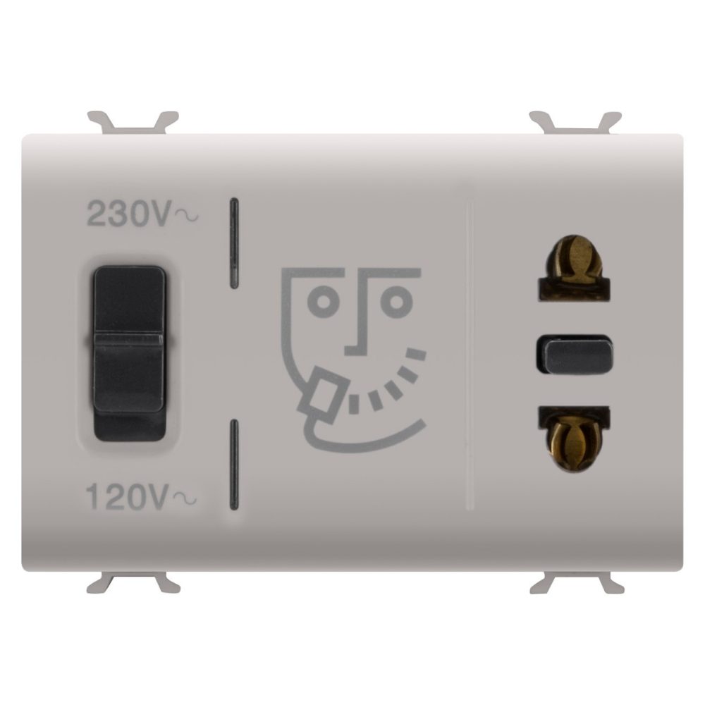  PRIZĂ STANDARD EURO-AMERICANĂ pentru aparat de RAS CU TRANSFORMATOR DE IZOLAȚIE - 230V c.a. - 50/60 Hz - 3 MODULE - BEJ SATINAT NATURAL - CHORUSMART