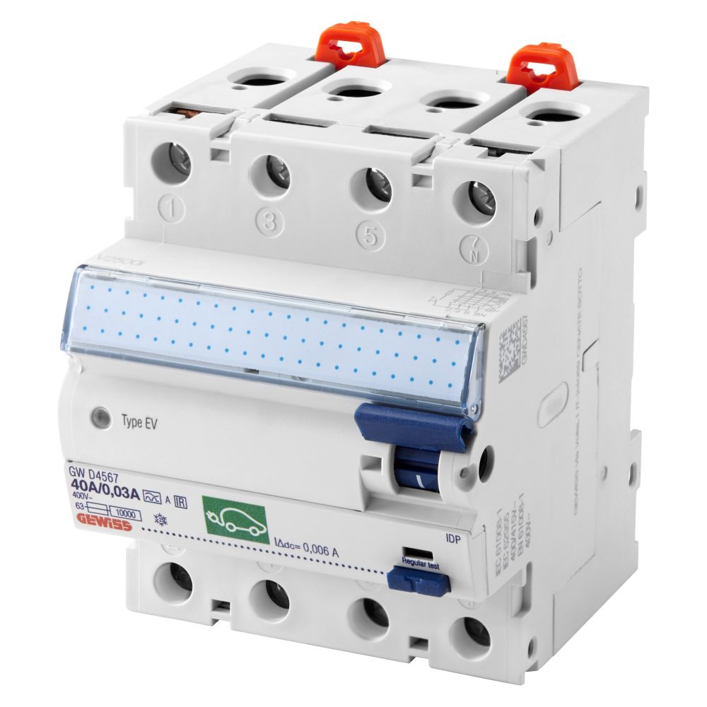  interrupteur différentiel pour bornes de recharge pour véhicules électriques - idp - 4p 40a type a[ev] idn=0,03 a - 4 modules