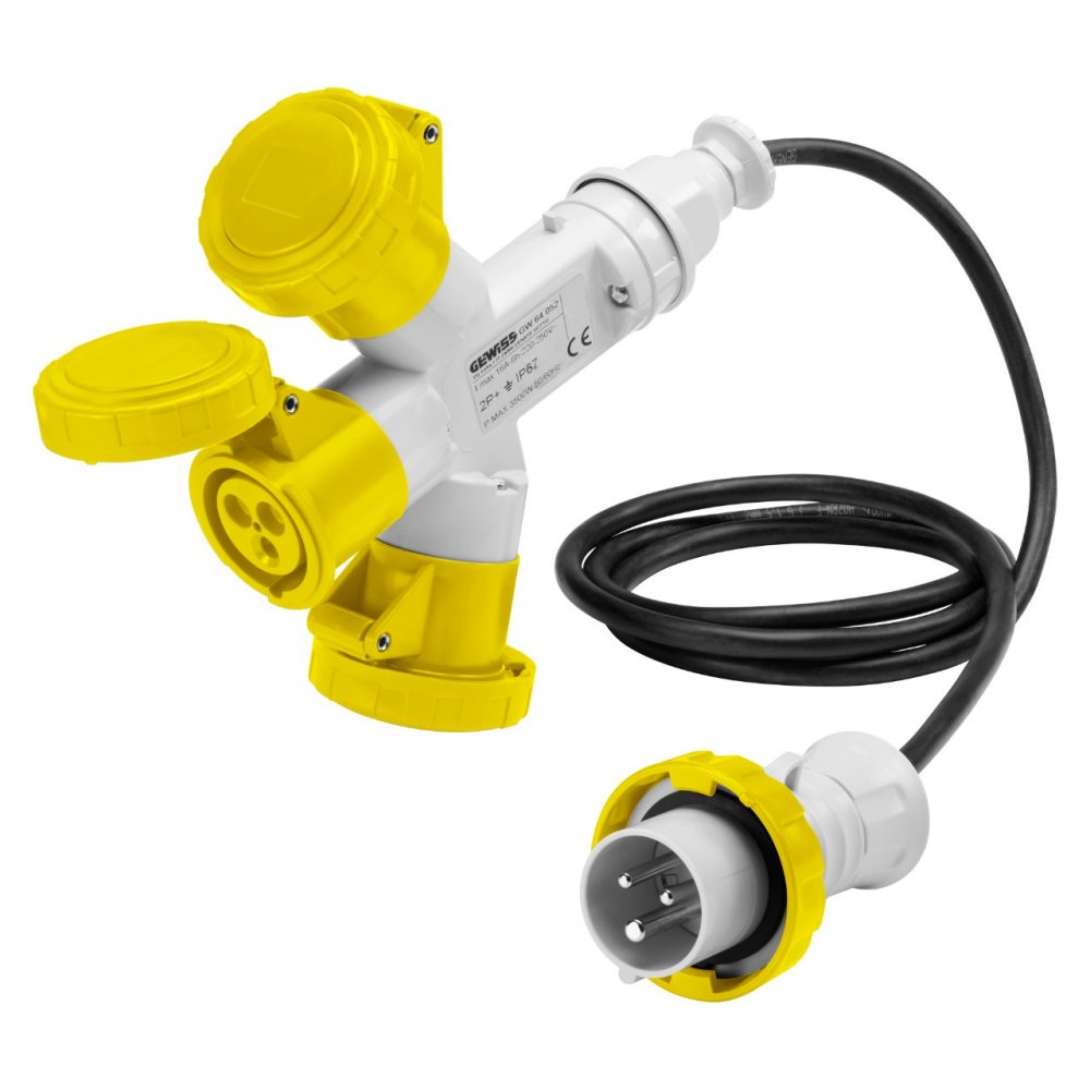 multiple socket-couplers 3 outputs ip67 - 2m flexible cable - plug 16a - 2 socket-outlets 2p+e 110v 50/60hz - yellow - 4h
