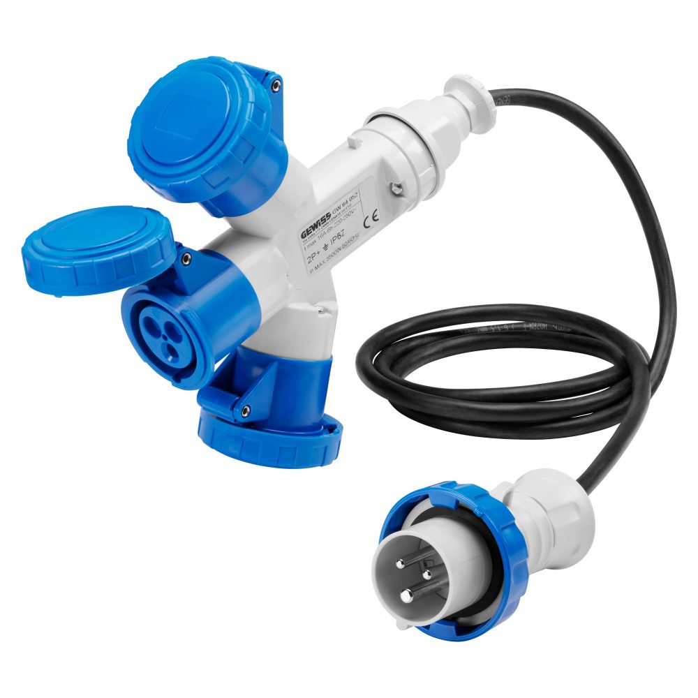 multiplicador móvil estanco con 3 salidas ip67 - cable flexible de 2m - clavija 16a - 2 bases 2p+t 230v 50/60hz - azul - 6h