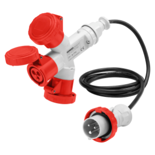 MULTIPLE SOCKET-COUPLERS 3 OUTPUTS IP67 - 2M FLEXIBLE CABLE - PLUG 16A - 2 SOCKET-OUTLETS 3P+E 400V 50/60HZ - RED - 6H