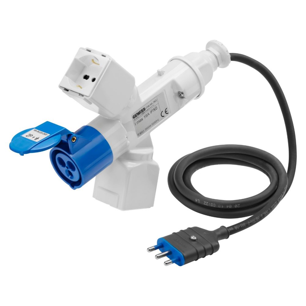 derivatore adattatore mobile ip44 - 2 uscite derivate -con cavo e spina cablati-spina 2p+t 16a s17-2 prese p17/11 + 1 presa p30-p17 + 1 presa 2p+t 16a