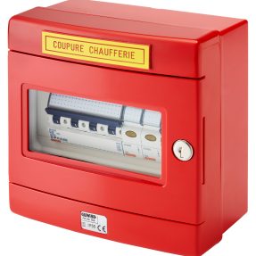 coffret chaufferie tri+neutre - 1 départ 4p 32a - 1 départ 2p 20a - 2 voyants - ip55 - rouge ral3000