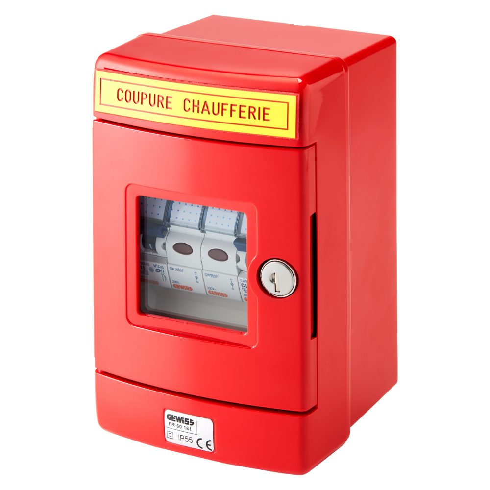  coffret chaufferie monophasé - 1 départ 1p+n 16a - 1 départ 1p+n 10a - 2 voyants - ip55 - rouge ral3000