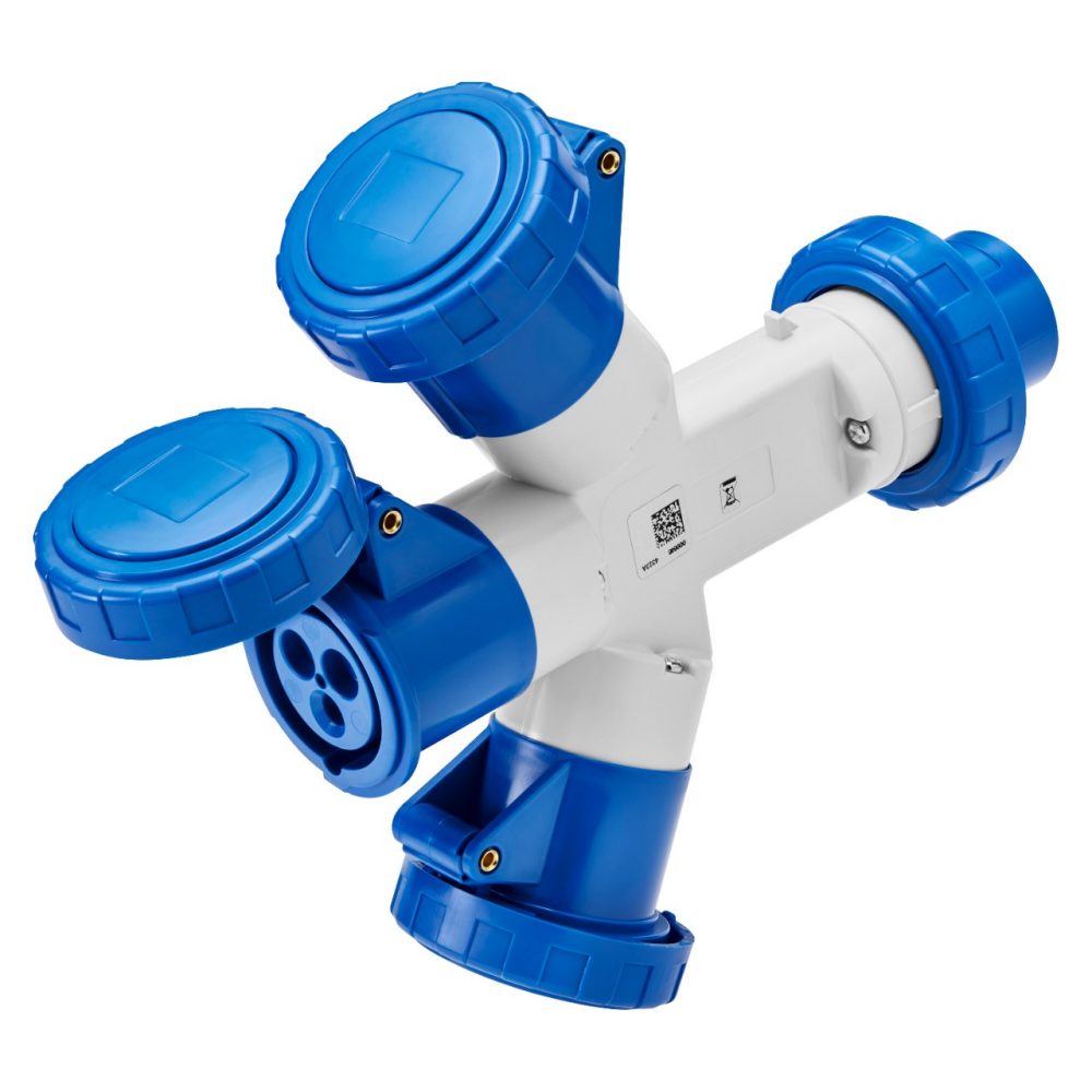  MULTIPLE SOCKET-COUPLERS 3 OUTPUTS IP67 - PLUG 16A - 3 SOCKET-OUTLETS 2P+E 230V 50/60HZ - BLUE - 6H