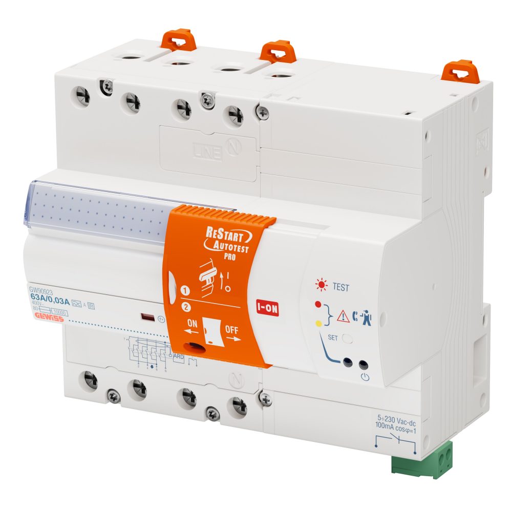 restart with autotest pro - coupled with rccb's - 4 poles - 63 a type a[ir] idn=0,03 a 400 v - 7 modules en 50022