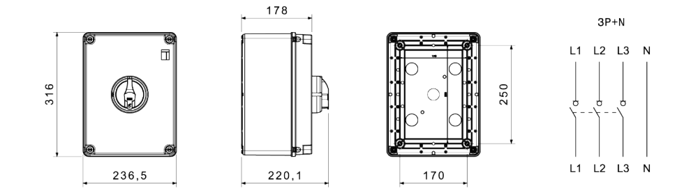 datasheet rotary isolator switch - hp - command - isolating material box - 125a 3p+n - lockable black knob - ip66/67/69