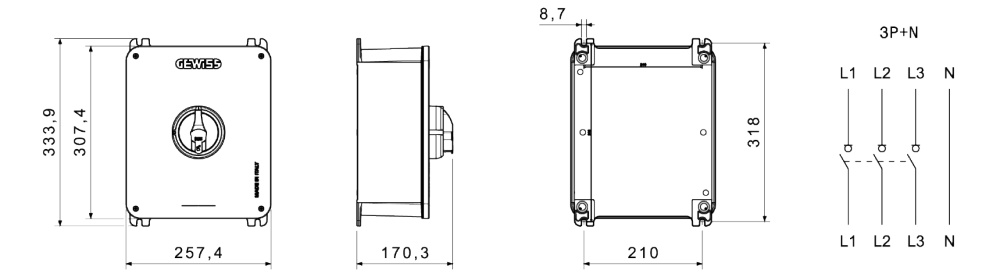 datasheet rotary isolator switch - hp - surface-mounting - control - aluminium enclosure - 125a 3p+n - lockable black knob - ip66/ip69
