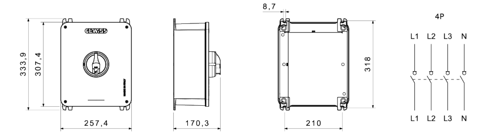 datasheet rotary isolator switch - hp - surface-mounting - control - aluminium enclosure - 125a 4p - lockable black knob - ip66/ip69
